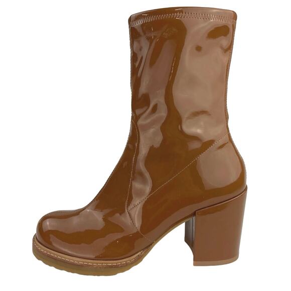 Stuart Weitzman Brown Patent Leather Chunky Dalenna Mid Calf Heeled Boots Size 6 - Picture 1 of 5